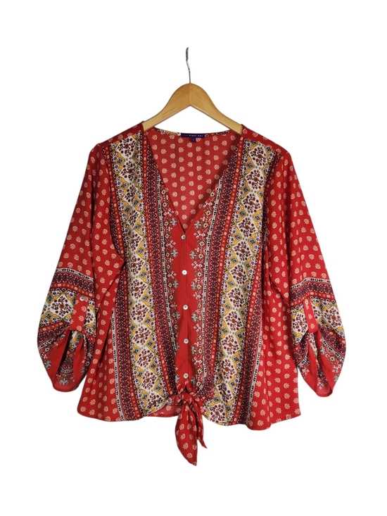 West Kei Tops - West Kei Women’s L Red Boho Mixed Print Tie Front Blouse 3/4 Sleeve Flowy Fall